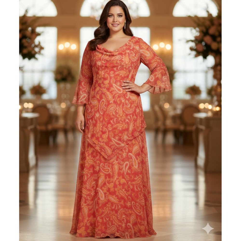 Terani Couture 100% Silk Beaded Paisley Maxi Dress Orange Coral Plus Size 22